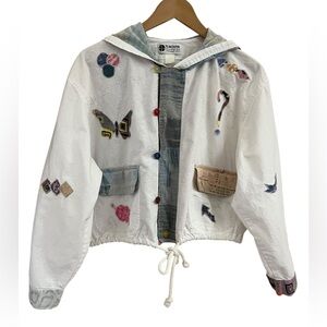 Embroidered Art-To-Wear Boho White Cotton Cropped Hooded Jacket Kawaii Funky